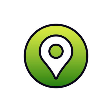 Yeşil bir dairesel harita iğnesi düz bir gradyan ve navigasyon kullanımı için koyu siyah bir anahat içerir..