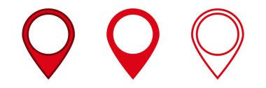 Genellikle konum sembolü olarak kullanılan üç farklı grafik biçimini gösteren üç parlak kırmızı harita göstergesi.
