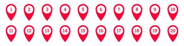 Birden yirmiye kadar numaralandırılmış kırmızı harita işaretleri içeren simge seti. Basit ve kolayca tanınabilir..
