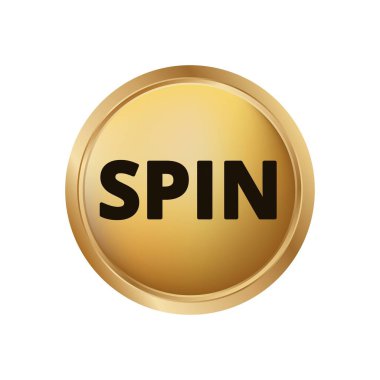Ortasında kalın siyah spin metni olan parlak altın yuvarlak düğme. Eylem temasını vurgular.
