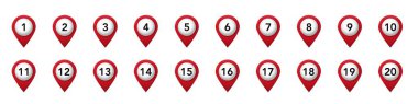 Tek bir yatay satırda birden yirmiye kadar numaralandırılmış kırmızı konum işaretleri.