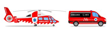 Acil tıbbi ışınlama. Helikopter hava ambulansı ve ambulans arabası.