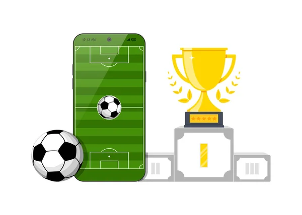 Pole Piłki Nożnej Ekranie Smartfona Piłkę Trofeum — Zdjęcie stockowe