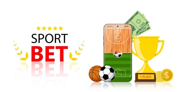 Online sports betting mobile app banner design template soccer basketball balls and trophy award cup and winner dollar coins. Bookmaker promo advertising