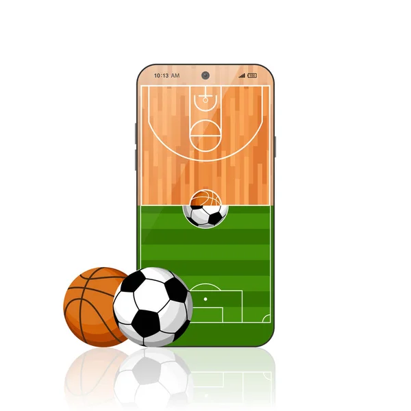 Online sports betting mobile app banner design template soccer basketball balls and trophy award cup and winner dollar coins. Bookmaker promo advertising