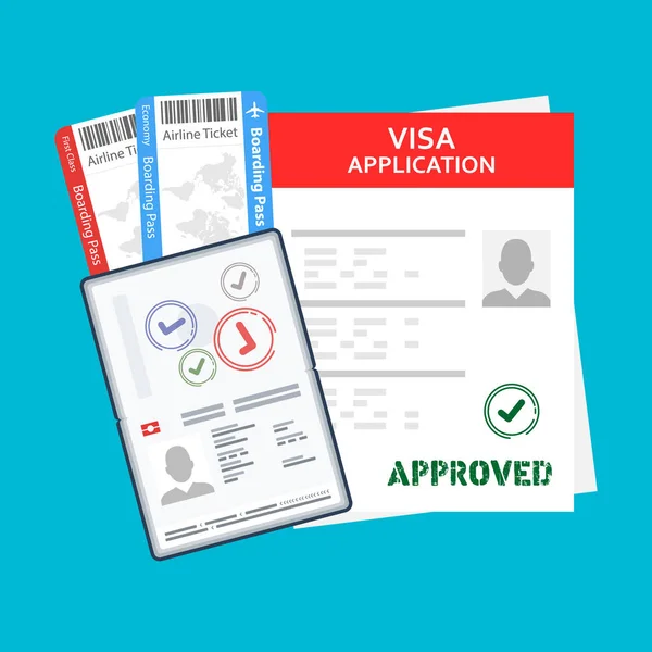申請ビザ旅行のための文書 チケットとパスポート お金ビザ申請 旅行許可証 出入国ビザ — ストック写真