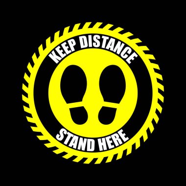 Footprint floor sticker, foot steps in circle, keep distance waiting in line, stand here sign, queue order safety