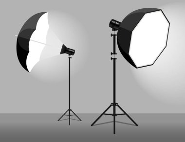 Soft box and black umbrella reflectors. Photo flash equipment. illustration. Spotlight softbox.