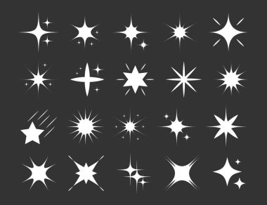White sparkles symbols .The set of original stars sparkle icon. Bright firework, decoration twinkle, shiny flash. Glowing light effect stars and bursts collection