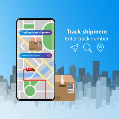 Lojistik kargo mobil kuryesi veya nakliye hizmeti ulaşım vektör paketi ve cep telefonu veya telefon şehir haritası pimi