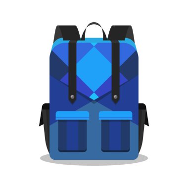 Vektör mavi sırt çantası beyaz arkaplanda izole edildi. Okulun düz çizimine geri dönelim. Basit bir şehir çantası. Seyahat el bagajı. Okul çantasının şablonu. Renkli kumaş branda sırt çantası okuyan çocuk