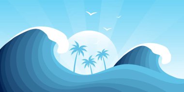 Büyük okyanus dalgası ve tropikal ada. plaj arkaplan vektörü