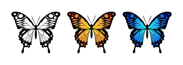 バタフライブルーオレンジホワイトセットシルエットフライモナークバタフライデザイン手描きベクターイラスト — ストックベクタ