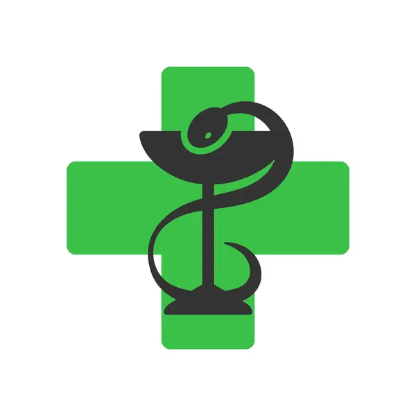 Icona Della Farmacia Con Croce Verde Caduceo Ciotola Con Vettore — Vettoriale Stock