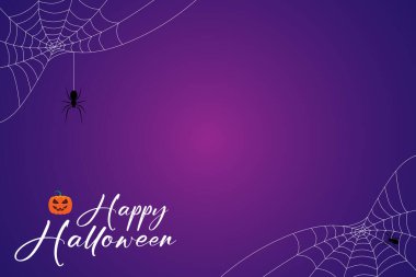 Örümcek ve örümcek ağı geçmişi. Cadılar bayramı sembolünün korkunçluğu mavi ve mor vektör illüstrasyonunda izole edilmiş.