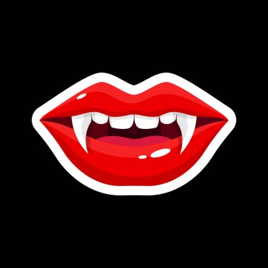 Vampir ağzı açık dişi kırmızı dudaklar uzun sivri köpek dişleri ve kan örnekleme vektörü