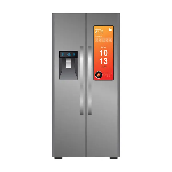超現代冷蔵庫の二重ドア 大きいタッチ画面の良質のイラスト ベクターが付いている食糧貯蔵のための現代2つの部屋を付けられた冷蔵庫の器具 — ストックベクタ