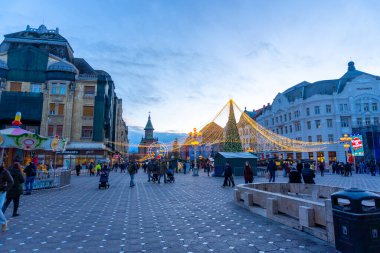 Timisoara, Romanya 17 Ocak 2024: Noel Pazarı Katedral Parkı için dekorasyonlar