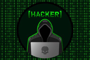 Dizüstü bilgisayarı olan bir bilgisayar korsanı gizli bilgileri, kişisel bilgileri, kredi kartını çalıyor. İnternet phishing kavramı illüstrasyonu