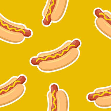 Sosisli sandviç vektörü. Sarı pürüzsüz desen. Sosisli resimli.