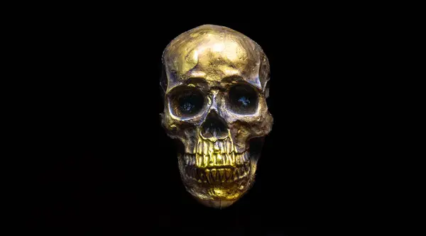 Human Skull Gold View Wood Table Dark Background — Stock Photo, Image