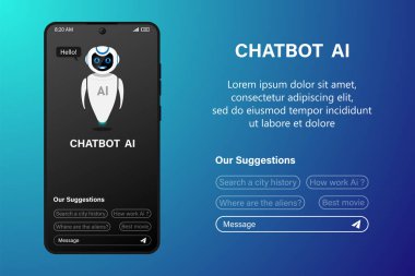 Al cep telefonundaki müşterilerle robot sohbeti yapıyor. İnternet Chatbot 'u ekranda konuşma baloncuğuna tıklıyor. Yapay zeka
