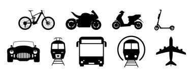 Ulaşım Silueti Simgesi: Bisiklet, motosiklet, scooter, elektrikli scooter, otomobil, otobüs, düz, metro, tren