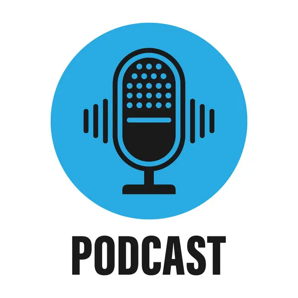 The microphone icon in a fashionable flat style is isolated against the background. Logo, application, user interface. Podcast radio icon. Studio microphone table broadcast podcast text.