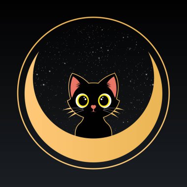 Hilal Ay 'da oturan kedi. Vektör illüstrasyonu