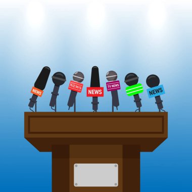 Press conference podium. Tribune for debate speaker with journalist microphone. Platform for interview or public announcement vector concept