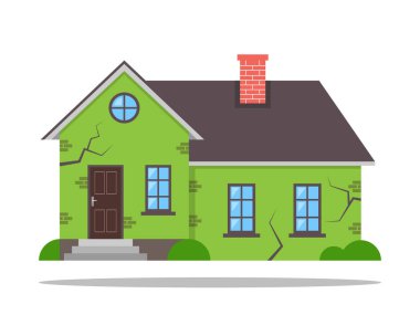 Çatlak ev sigortası konseptiyle Hasarlı Ev. Emlak koruması, düz çizgi film evi koruması, ev güvenliği, güvenlik. Vektör illüstrasyonu