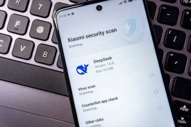 Arad, Romanya - 02 Şubat 2025: DeepSeek uygulaması Uygulama Mağazasında. Çinli bir yapay zeka asistanı olan DeepSeek, Moe tabanlı 'DeepSeek V3' xiaomi güvenlik taraması üzerine inşa edilmiştir.