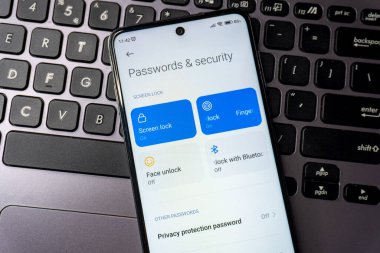 Arad, Romanya - 02 Şubat 2025: Xiaomi 'nin parola ve güvenlik bölümünü gösteren Android telefon