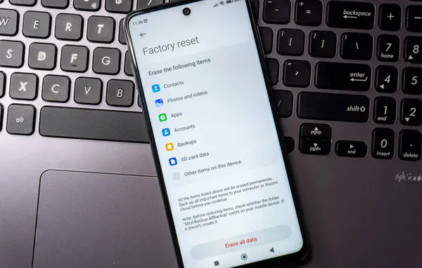 Arad, Romanya - 02 Şubat 2025: Android telefonu fabrikanın ayarlardaki reset bölümünü gösteriyor