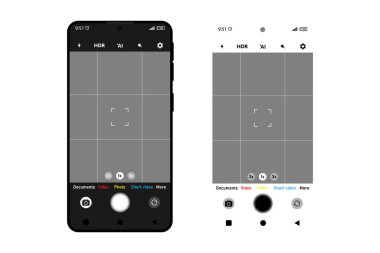 Telefon ekranındaki kamera arayüzü. Fotoğraf, cep telefonundaki video. Mobil kameradan kayıt için uygulama. Görüntü bulucu, ızgara, odaklanma, düğme ve kayıt. Fotoğraf, selfie ve video için akıllı telefon modeli. Vektör.