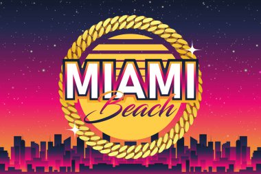 Miami Beach Illustration Miami Kübalı Altın Zincir palmiye ağaçları gökyüzü vektöründe