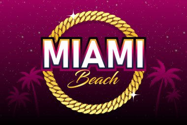 Miami Beach Illustration Miami Kübalı Altın Zincir palmiye ağaçları gökyüzü vektöründe