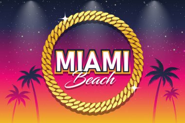 Miami Beach Illustration Miami Kübalı Altın Zincir palmiye ağaçları gökyüzü vektöründe