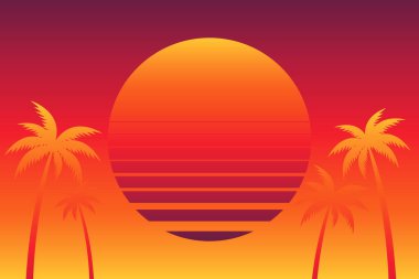 80 'lerin tarzında gün batımı. Retrowave, synthwave fütüristik arka plan Palm Trees Vektör Resimleri