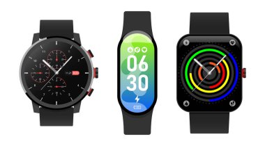 Smartwatch koleksiyonu, beyaz üzerine izole edilmiş gerçekçi ikonlar, teknolojik elektronik cihazlar, kol saati vektör çizimi, ilginç modern elektronik bantlar.