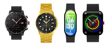 Smartwatch koleksiyonu, beyaz üzerine izole edilmiş gerçekçi ikonlar, teknolojik elektronik cihazlar, kol saati vektör çizimi, ilginç modern elektronik bantlar.