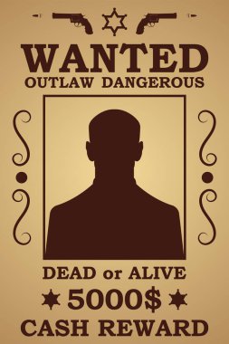 Western afişi ölü ya da diri istedi. Amerika Vahşi Batı kanun kaçağı, soyguncu aranıyor ya da gangster avı ödül boş posteri ya da batı tipografisi ve eski kağıt dokusuyla şerif vektör afişi