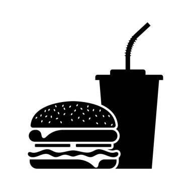 Hamburger ve meşrubat bardağı, fast food ikonu, beyaz arka planda tasarım, Vektör illüstrasyon