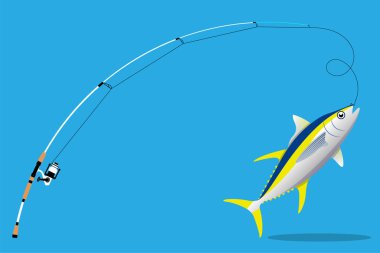 Olta, olta, olta, olta ve yemle balık yakalamak. Açıyla, olta teçhizatıyla, teçhizatla yakalanmış bir kupa. Açık hava aktivitesi, dinlenme, halat ve yem. Düz vektör çizimi mavi arkaplanda izole edildi