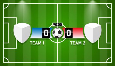 Futbol stadyumunun sahne ışıkları ve parlak ışık vektör illüstrasyonlu skorbord arkaplanı