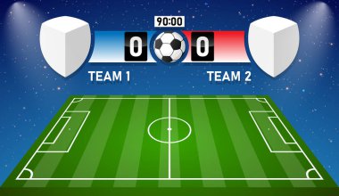 Futbol stadyumunun sahne ışıkları ve parlak ışık vektör illüstrasyonlu skorbord arkaplanı