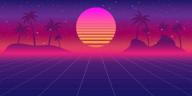 Retro 80s styled futuristic landscape with purple neon sun or moon in digital space and shiny grid for party poster, flyer or mix cover