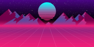 Retro 80s styled futuristic landscape with purple neon sun or moon in digital space and shiny grid for party poster, flyer or mix cover