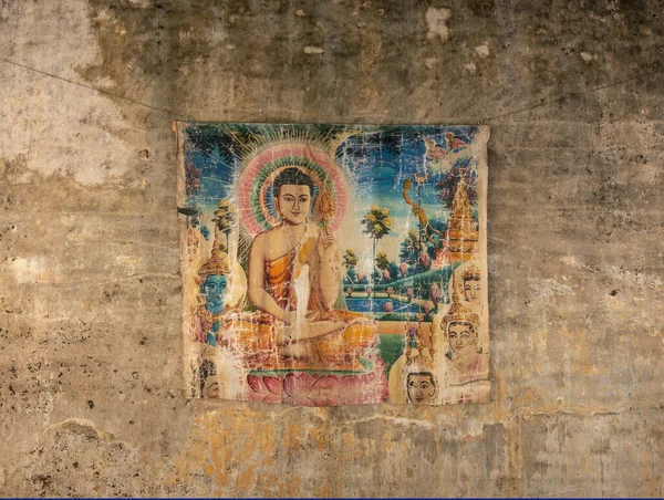 Old Painted Print Buddha Decayed Wall Cambodia Asia — Foto Stock
