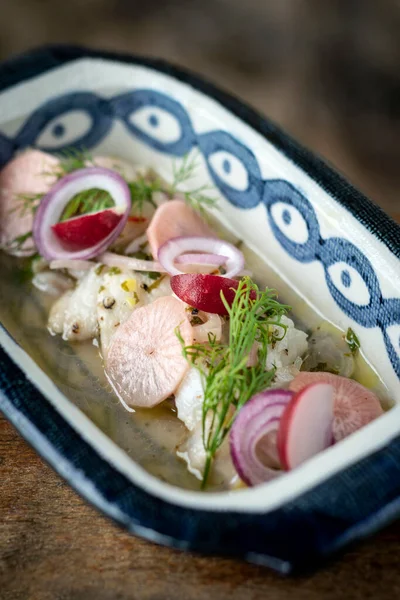 Ceviche Marinated Raw Fish Salad Vegetables — Stock Photo, Image